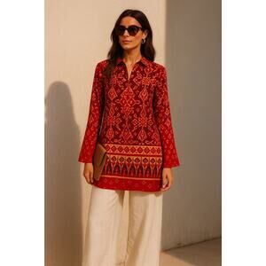 Vintage Ralph Lauren Ikat Tunic Top Colorful Blouse Red XL Cotton Long Sleeve